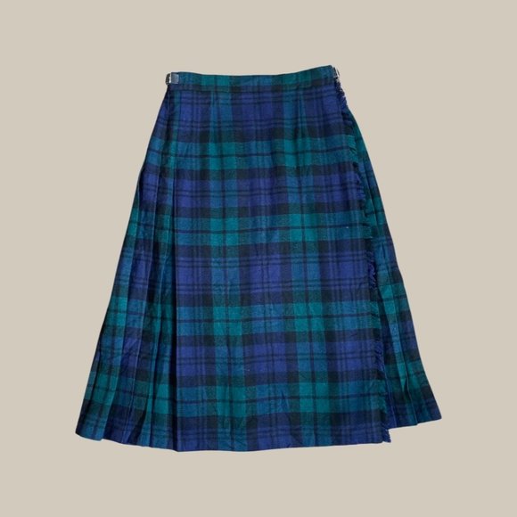 Vintage Pitlochy Knitwear Pure Wool Green Tartan Skirt - Picture 1 of 8